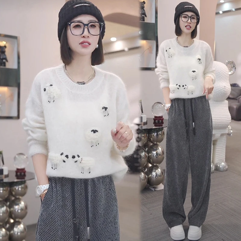 香朵儿小羊毛衣阔腿裤时尚两件套2024春秋季新款减龄通勤女装套装