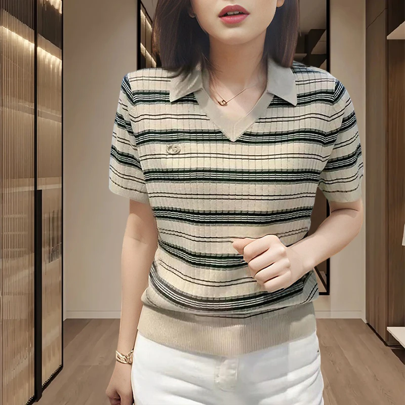 条纹针织衫短袖t恤女装夏季2025新款显瘦减龄洋气妈妈polo领上衣