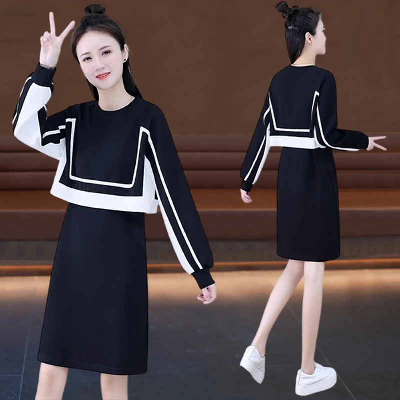 春秋季中长款卫衣裙假两件女新款2025爆款收腰显瘦小个子气质裙子
