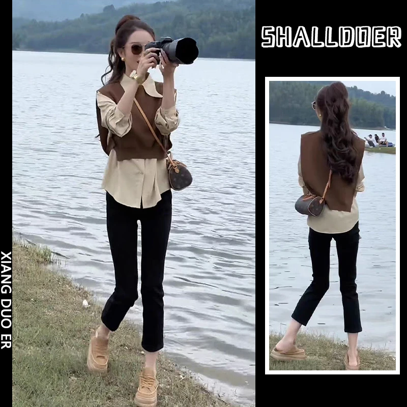 小个子时髦马夹衬衫小脚裤三件套2025春秋季新款流行时尚女装套装