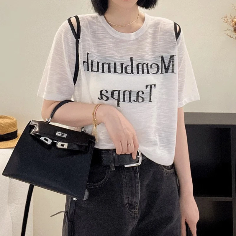 潮流针织短袖女t恤2025新款夏季宽松薄款露肩上衣设计感小众女夏