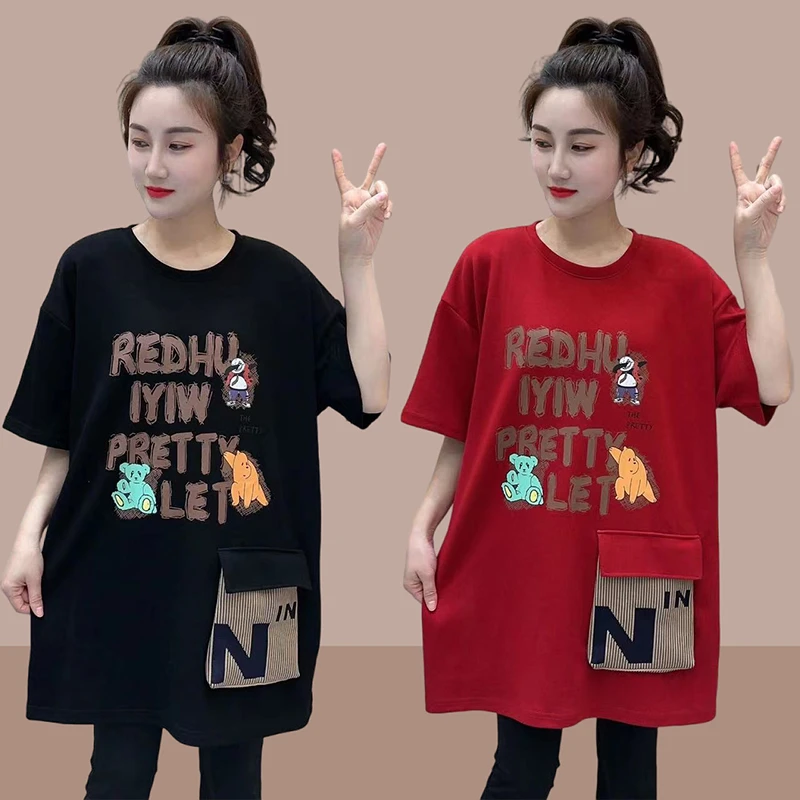 中长款短袖T恤女夏宽松大码2025新款卡通字母印花清凉圆领上衣