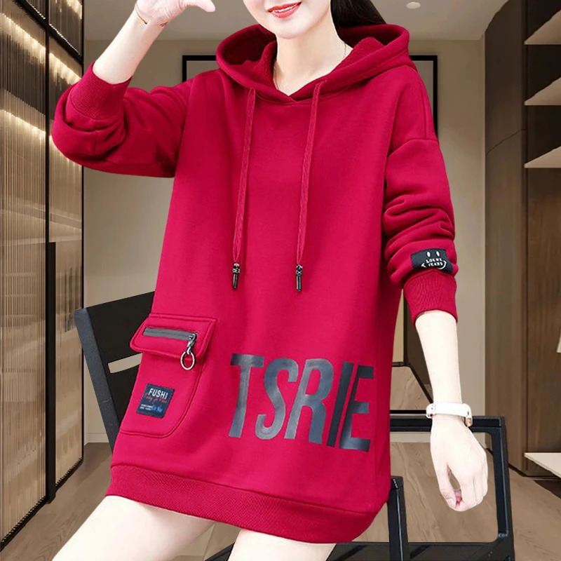 宽松连帽中长款卫衣女士2025春秋季新款遮屁股小个子爆款时尚女装