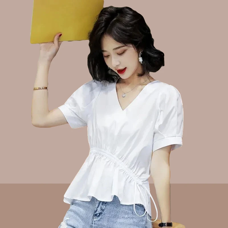 夏季新款设计感小众短袖衬衫女士韩版v领纯色收腰显瘦泡泡袖上衣