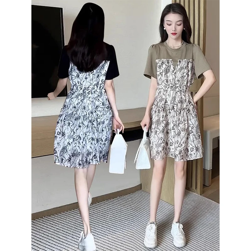 拼接假两件碎花洋气减龄连衣裙2025夏新款通勤女装收腰显瘦中长裙