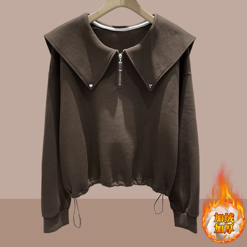 2025秋冬季新款加绒加厚卫衣女款外穿韩版设计感显瘦半拉链上衣女