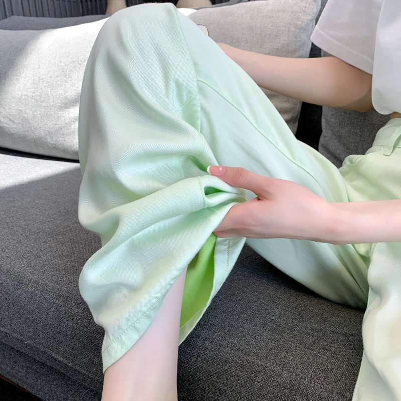 天丝牛仔裤女夏薄款2025年新款薄荷绿阔腿裤女高腰垂感直筒拖地裤