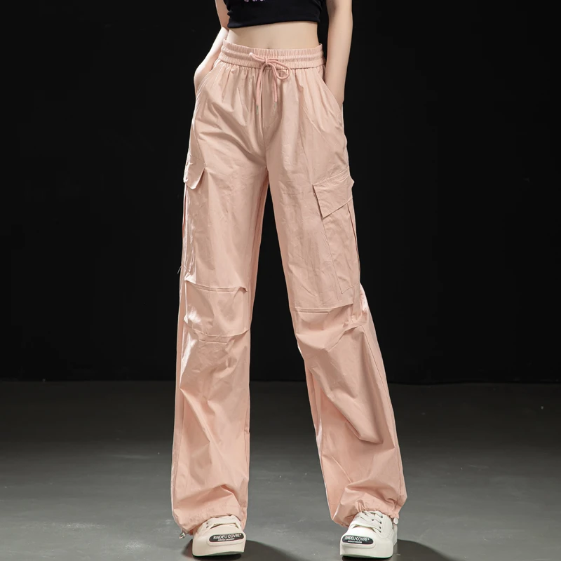 粉色全棉美式速干薄款工装裤女夏季两穿束脚运动裤小个子直筒裤子