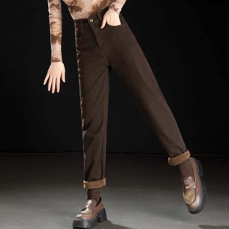 冬季加绒裤子女款爆款2025新款加厚牛仔裤女宽松显瘦哈伦裤老爹裤