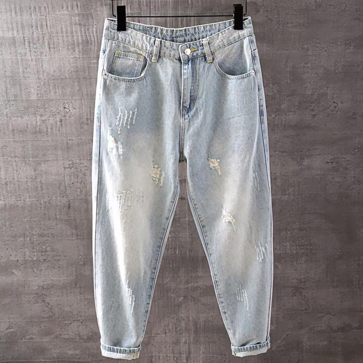夏季浅蓝色破洞男士牛仔裤复古水洗怀旧薄款九分裤宽松百搭哈伦裤