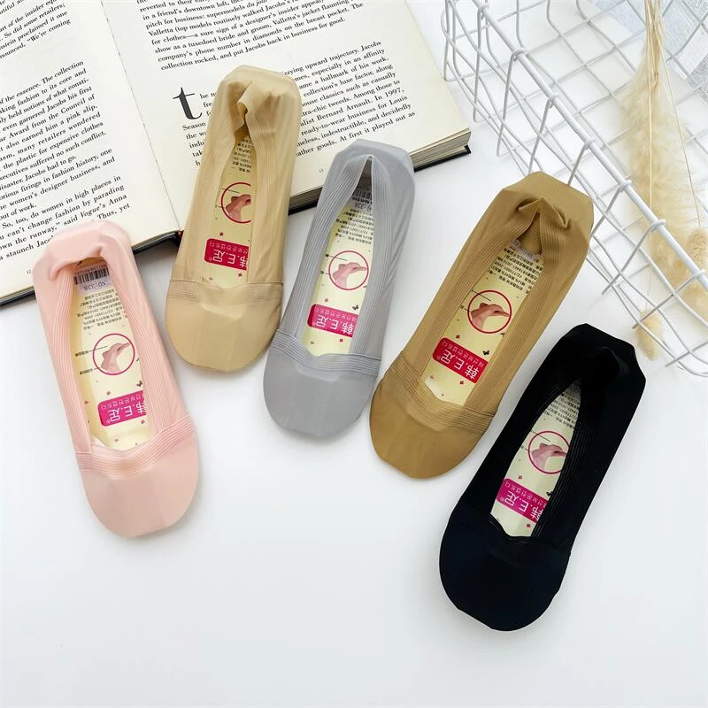 韩E足立体包装338夏季隐形船袜女棉底冰丝无痕边袜子带硅胶 5双装