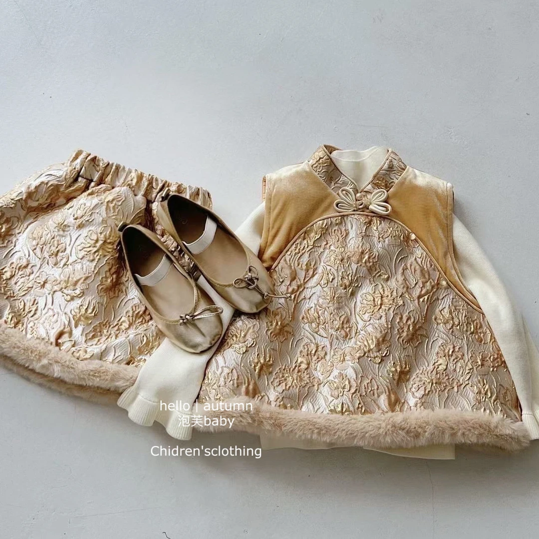 【泡芙baby】女童盘扣旗袍裙秋冬洋气女宝宝国潮套装裙两件套