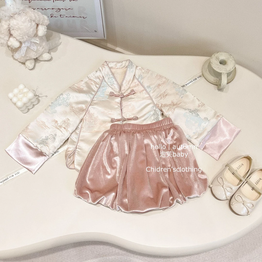 【泡芙baby】女童秋冬新中式汉服加绒裤子套装新款周岁礼服连衣裙