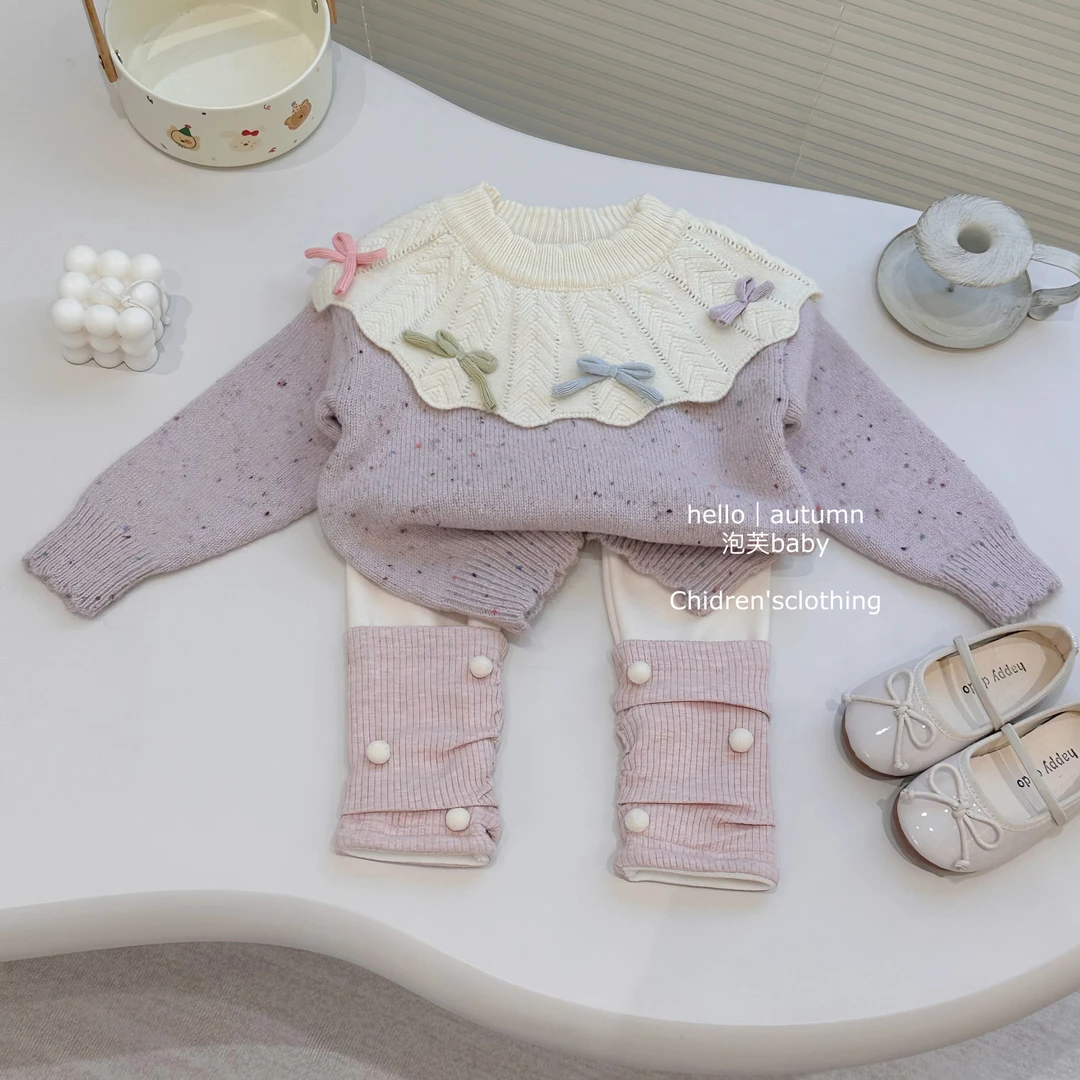 翻领蝴蝶结女童长袖毛衣2024儿童女宝宝针织上衣套装