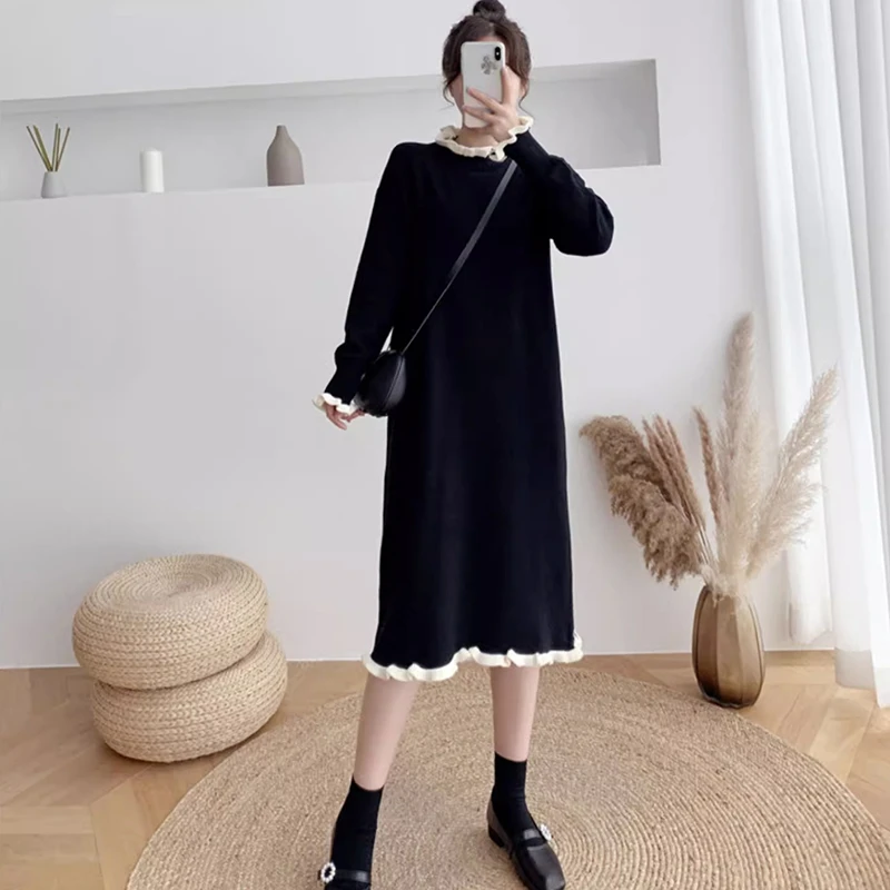 减龄显瘦法式连衣裙女春秋季新中式大码宽松遮肚针织长袖毛衣裙潮