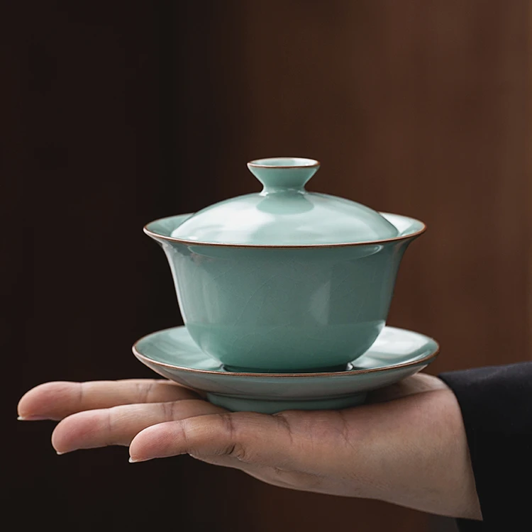 天青色盖碗茶杯可养开片陶瓷家用功夫茶具泡茶不烫手男女三才茶碗