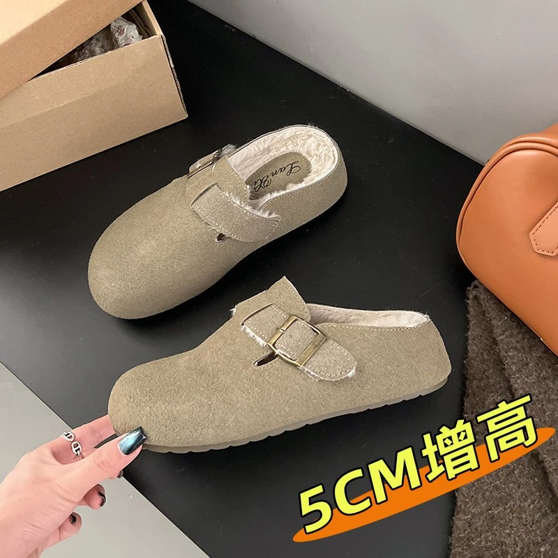 小个子内增高5cm勃肯拖鞋女外穿2024秋冬加绒新款厚底包头棉拖鞋