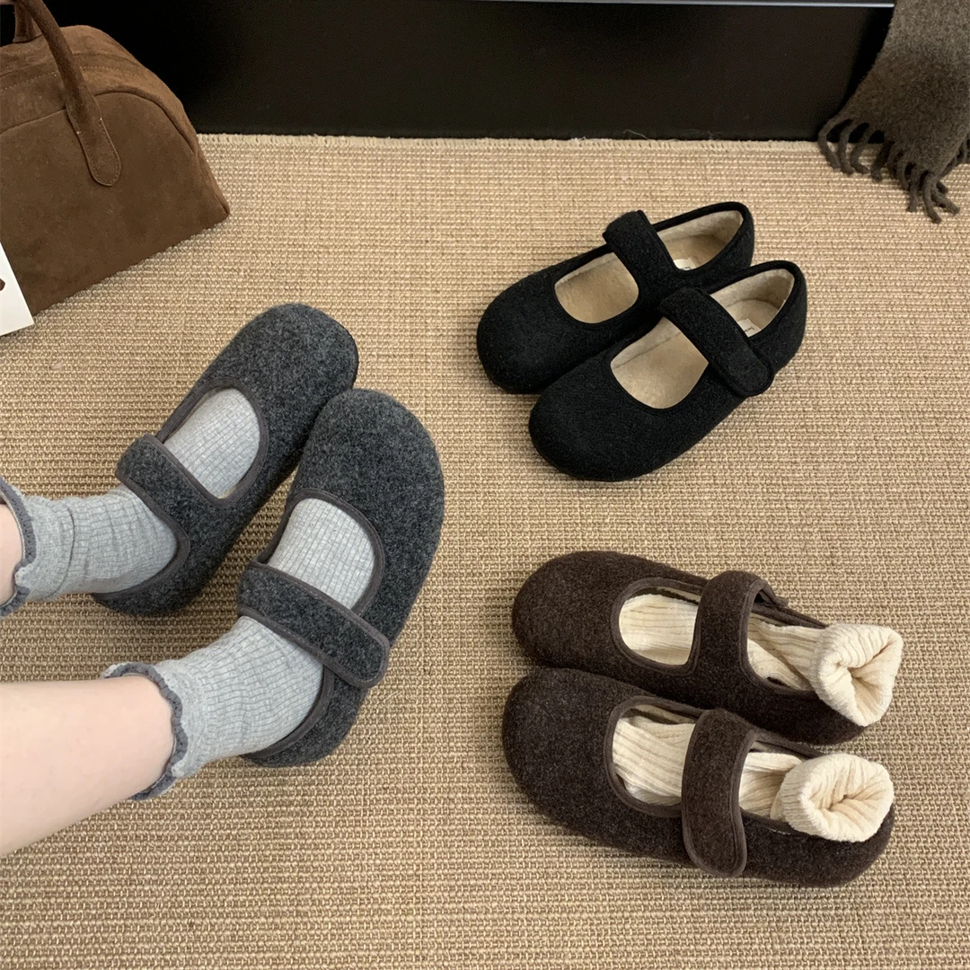 复古韩版加绒保暖棉鞋一字带玛丽珍鞋女魔术贴雪地防滑外穿毛毛鞋