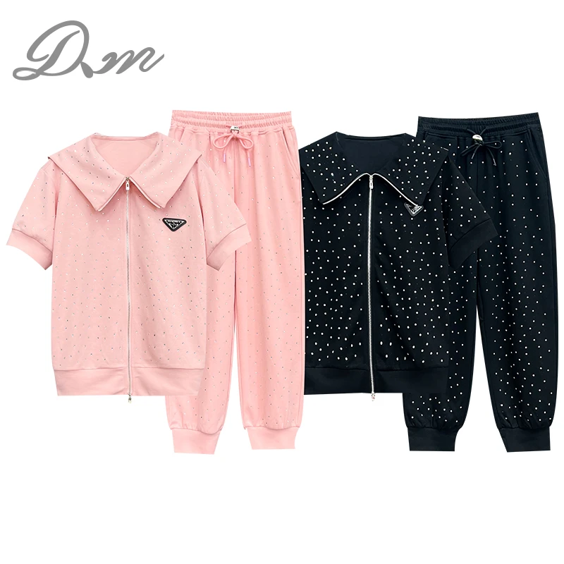 【多米潮牌】夏季新品 烫钻翻领外套+松紧腰长裤套装23107