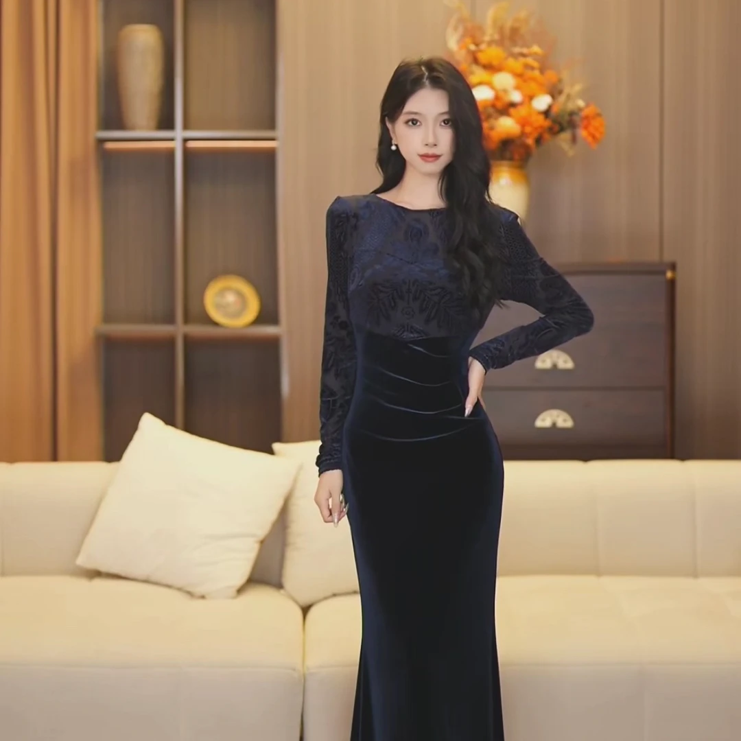 【小雪】设计感秋季新款法式气质修身收腰显瘦鱼尾连衣裙-SW0041