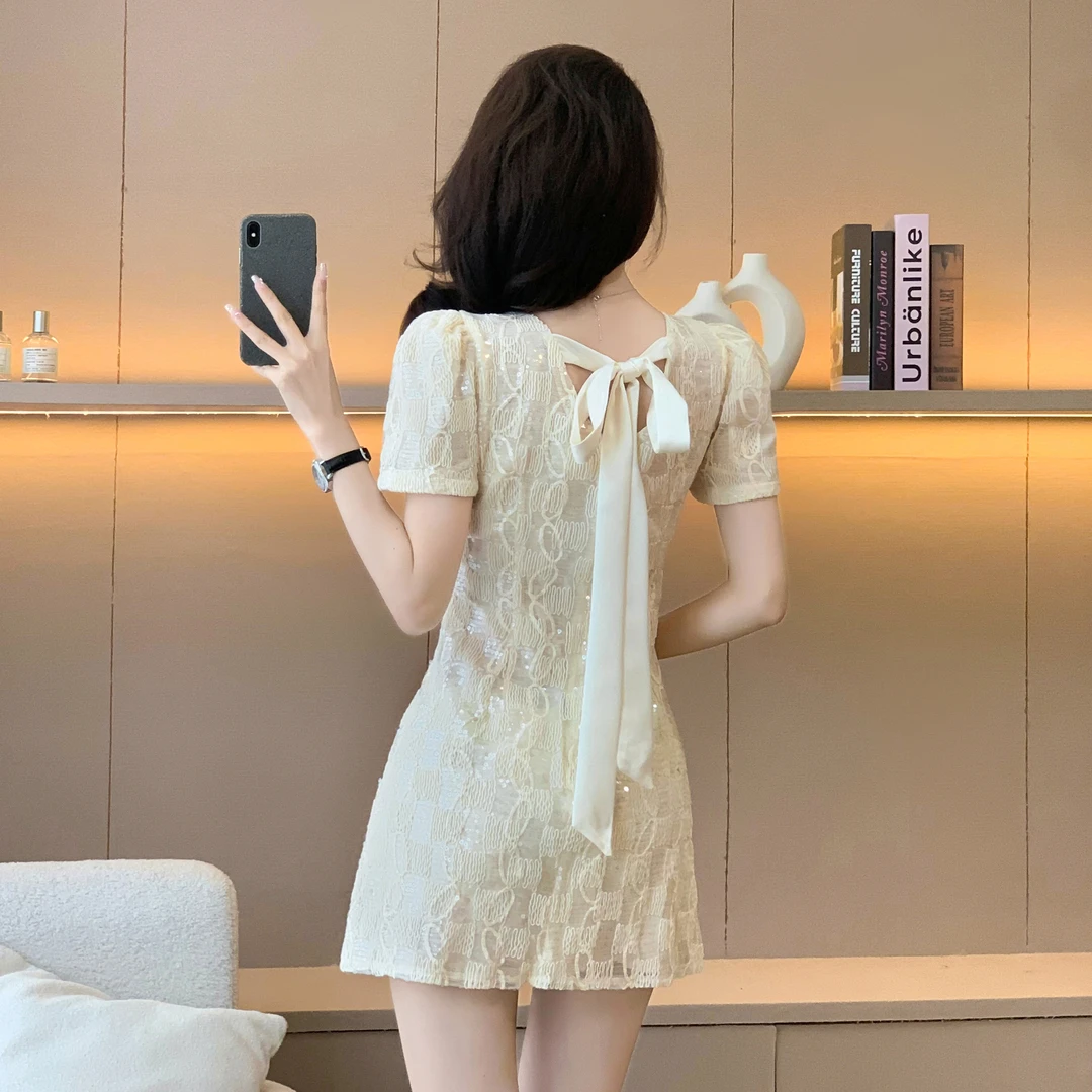 夏季复古法式镂空设计感女装连衣裙气质露背丝带蝴蝶结小香风裙子