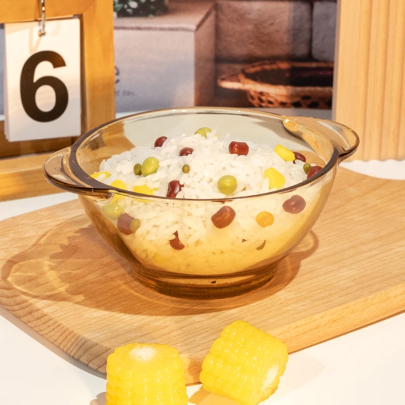 琥珀色家用双耳碗饭碗大容量高硼硅耐热玻璃碗