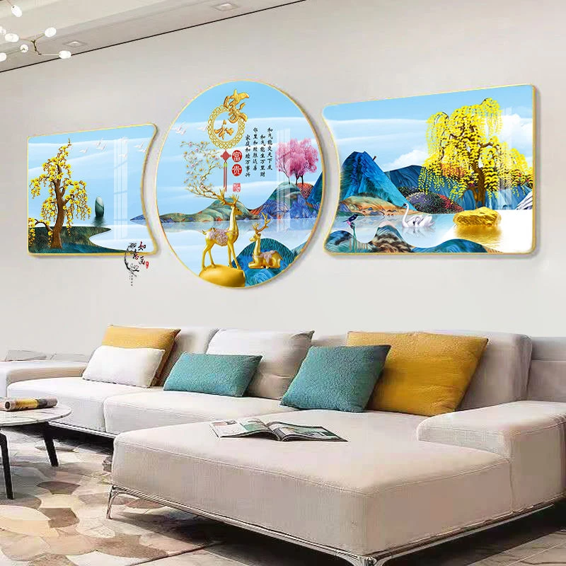 客厅装饰画现代简约沙发背景墙三联挂画高档圆形晶瓷镶钻山水壁画