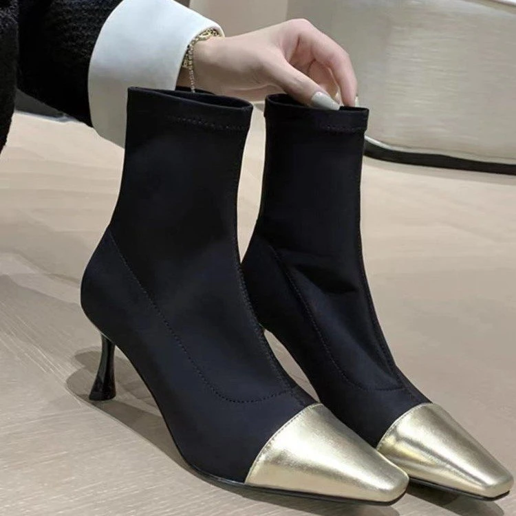 红蜻蜓牌高跟小短靴女2023秋冬新款高级感弹力瘦瘦靴中跟拼色后拉