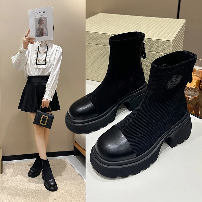 红蜻蜓牌厚底马丁靴女秋季2023新款显瘦高跟瘦瘦靴女士黑色高级感