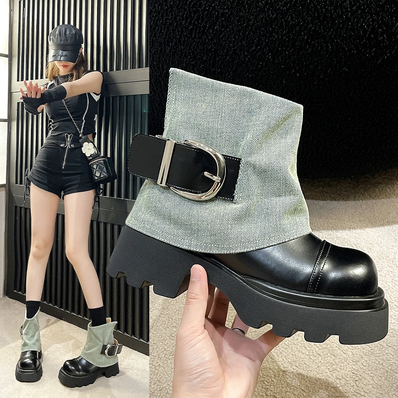 红蜻蜓牌厚底小个子短靴女粗跟时尚设计小众复古超高跟马丁靴牛仔