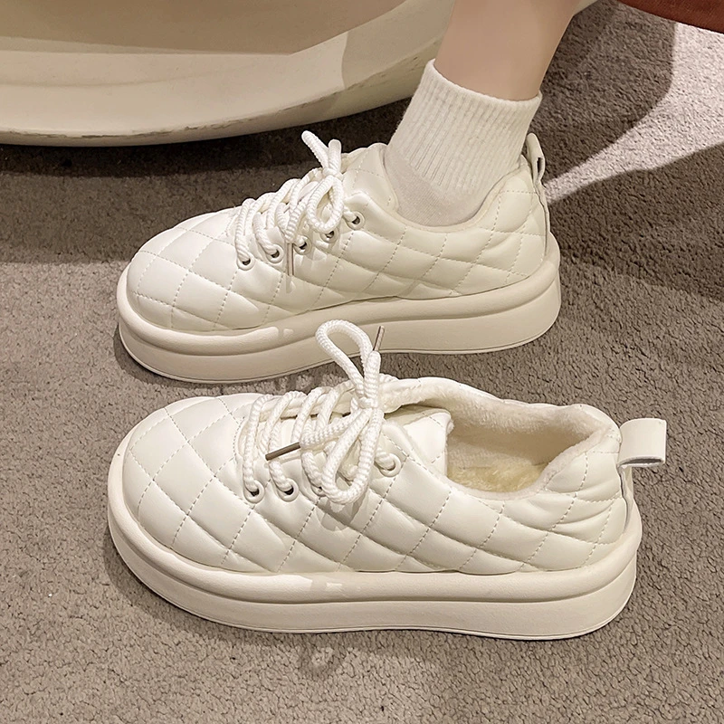 红蜻蜓牌奶fufu厚底面包鞋女2023冬季新款系带加绒保暖网红休闲小