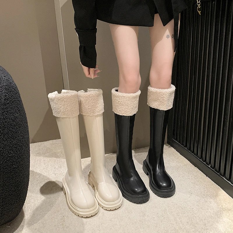 红蜻蜓牌长筒靴女2023年秋冬季新款加绒保暖英伦风显瘦靴子粗跟厚
