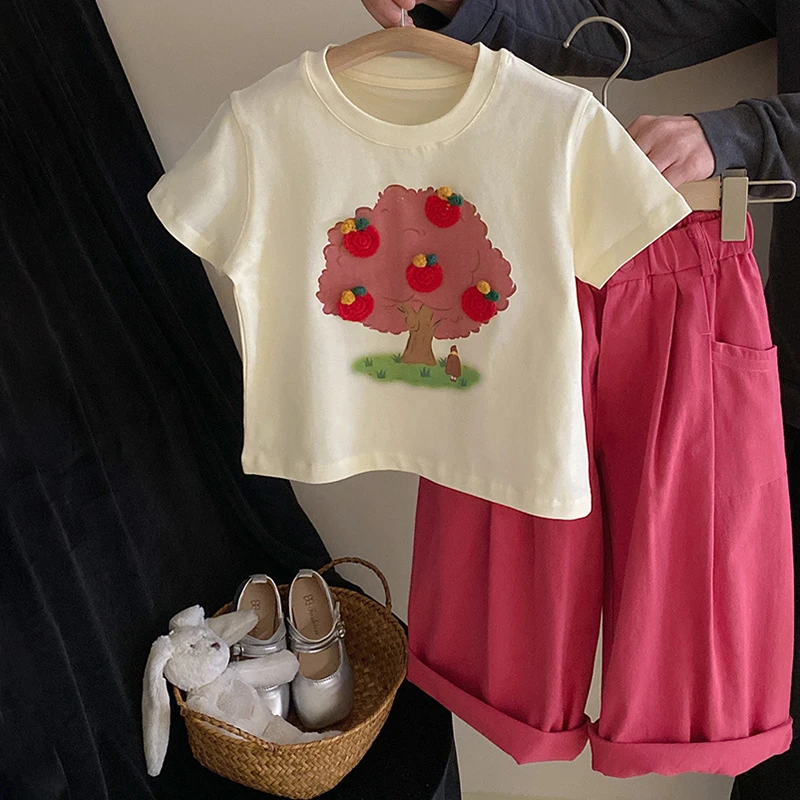 【安】R24132童装洋气立体钩花卡通T恤短袖上衣百搭阔腿裤套装