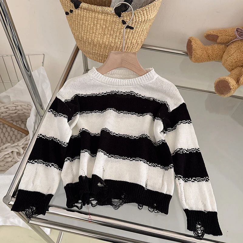 rt2558女童短款毛衣针织套头上衣春秋韩版黑白条纹套头衫复古薄款