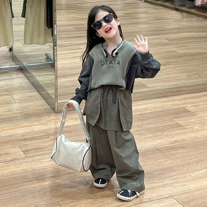 R24298韩版潮酷字母拼色卫衣2024秋季网红炸街工装裤洋气休闲套装