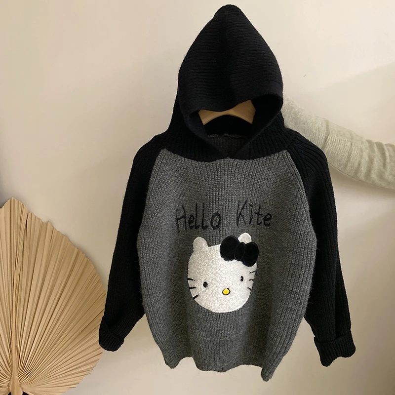 R24548女童拼色卡通KT猫连帽针织毛衣2024秋冬装加绒保暖皮裤套装