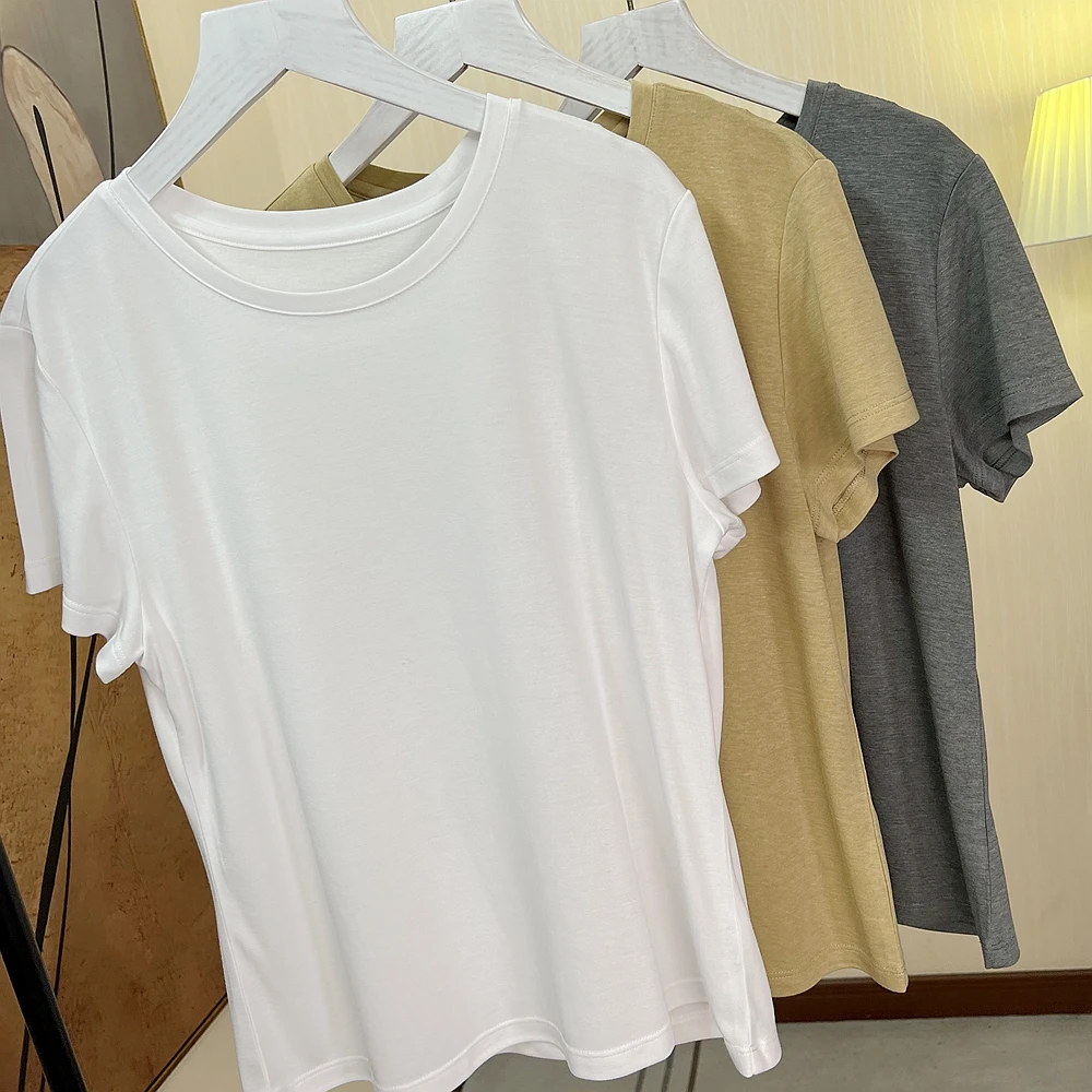 奢品面料！丝滑凉感短袖T恤女基础简约圆领显瘦遮肉合身版夏季上衣