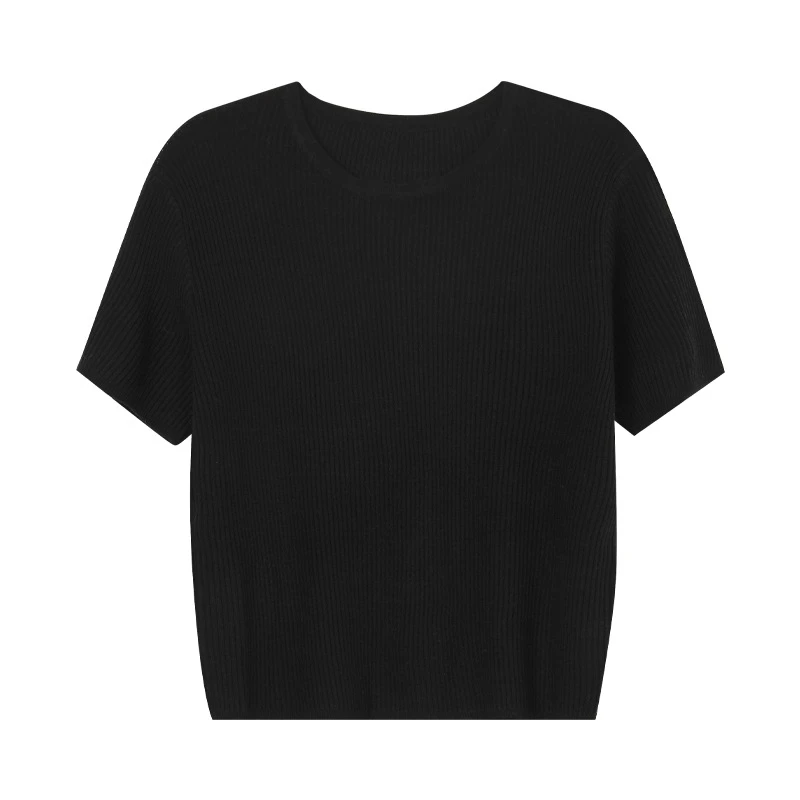 显瘦坑条纯色套头短款针织衫T恤女2024春夏新款百搭圆领短袖上衣