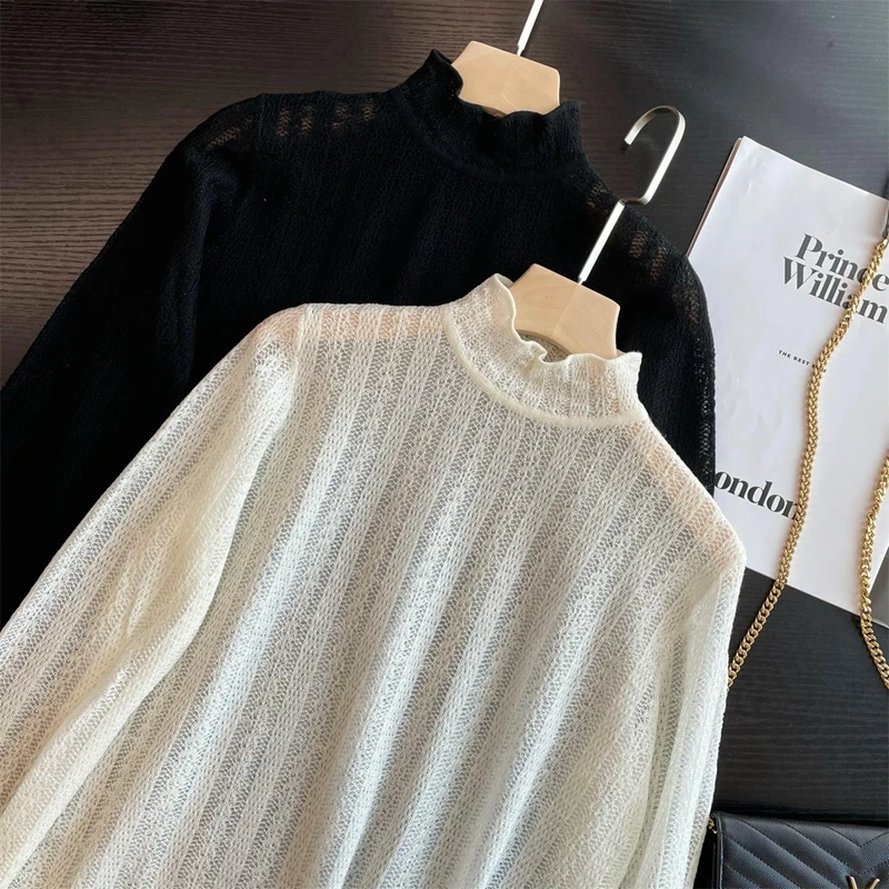 自留法式轻奢欧根纱+水溶羊*毛半高领长袖打底衫内搭小衫叠穿神器