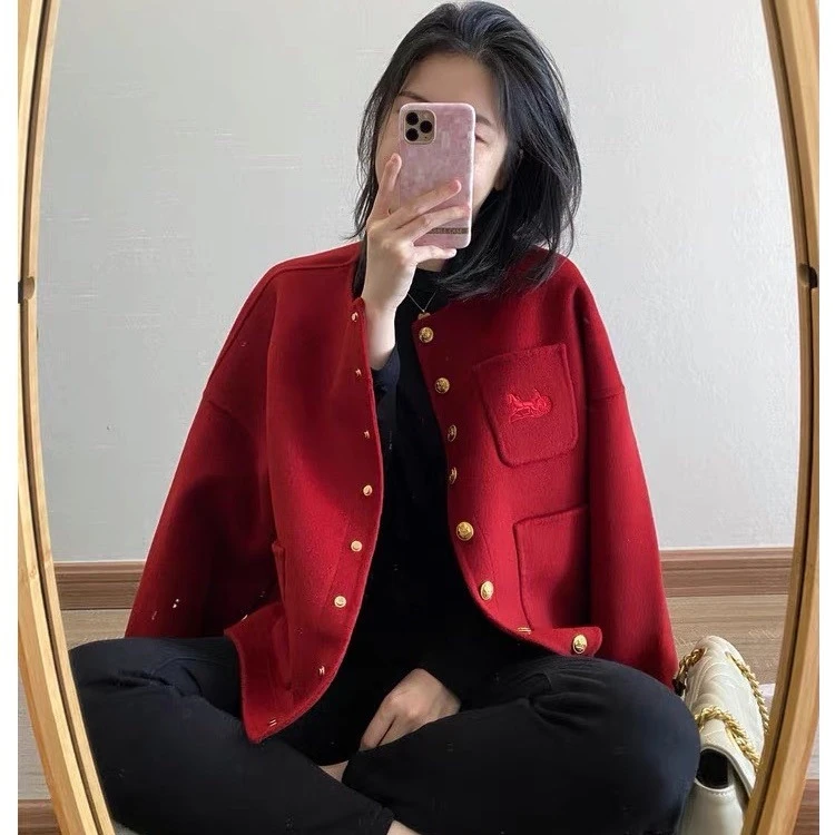 自留限定款!双面呢手工100羊*毛大衣女短款红色小香风外套小个子