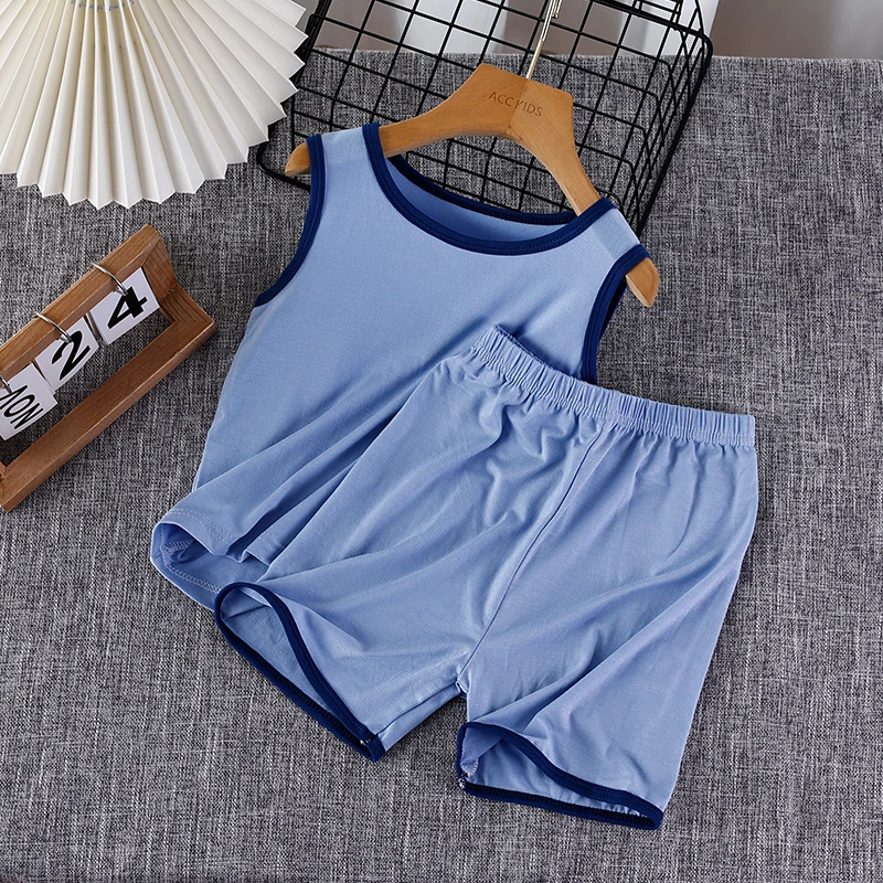 儿童背心套装薄款莫代尔家居男童无袖空调服宝宝冰丝睡衣夏季男孩