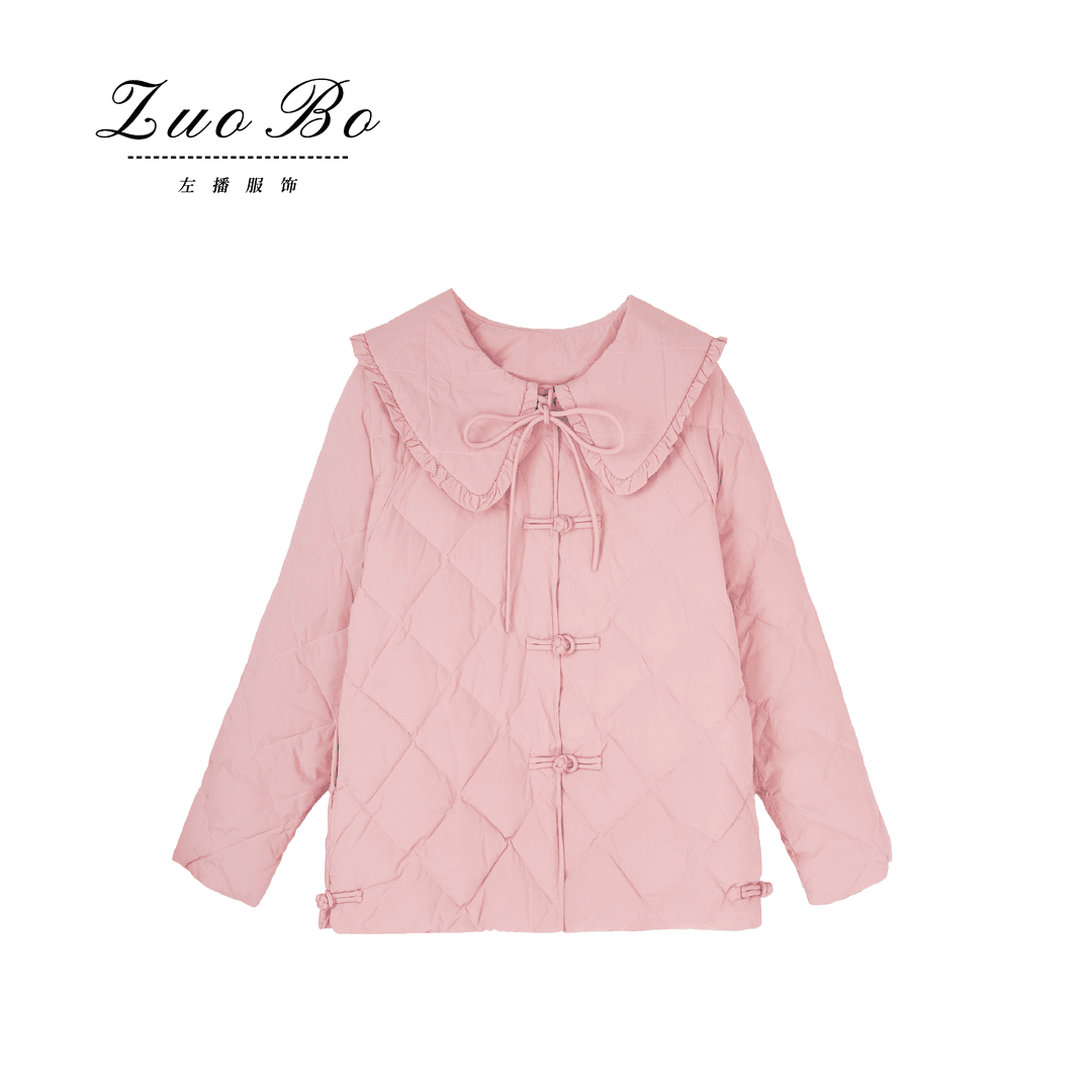 Zuobo/左播90白鸭绒冬季时尚设计感大码甜美娃娃领盘扣羽绒服8032