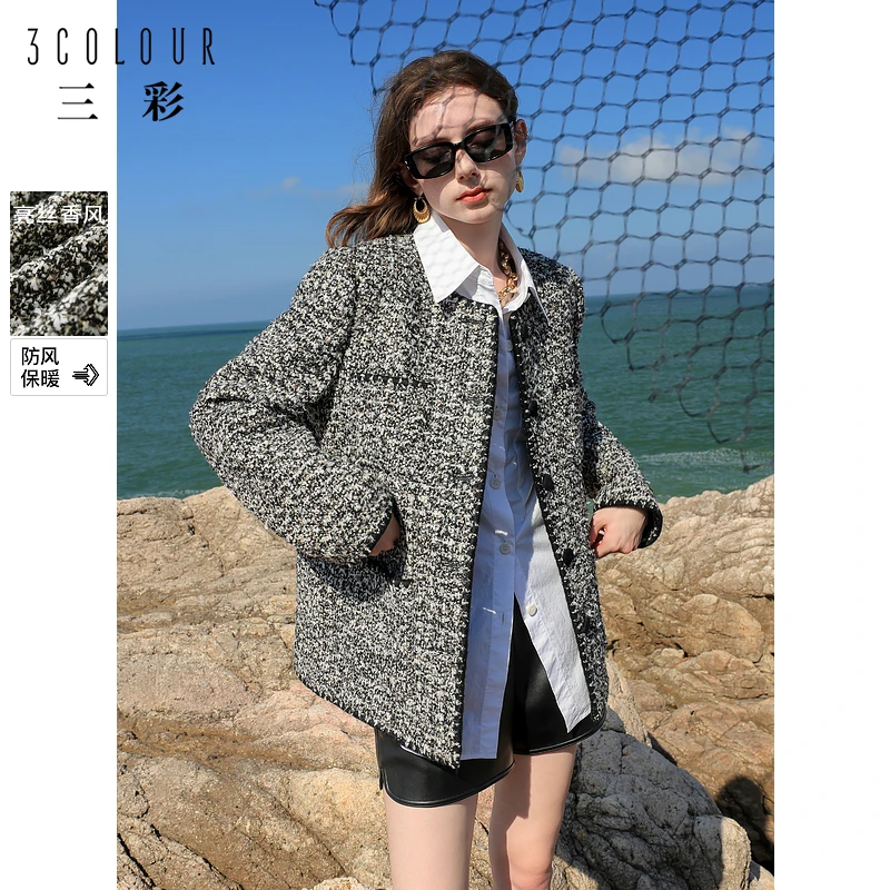 三彩装2024冬季香风毛呢外套绗棉圆领口袋呢大衣正肩优雅M