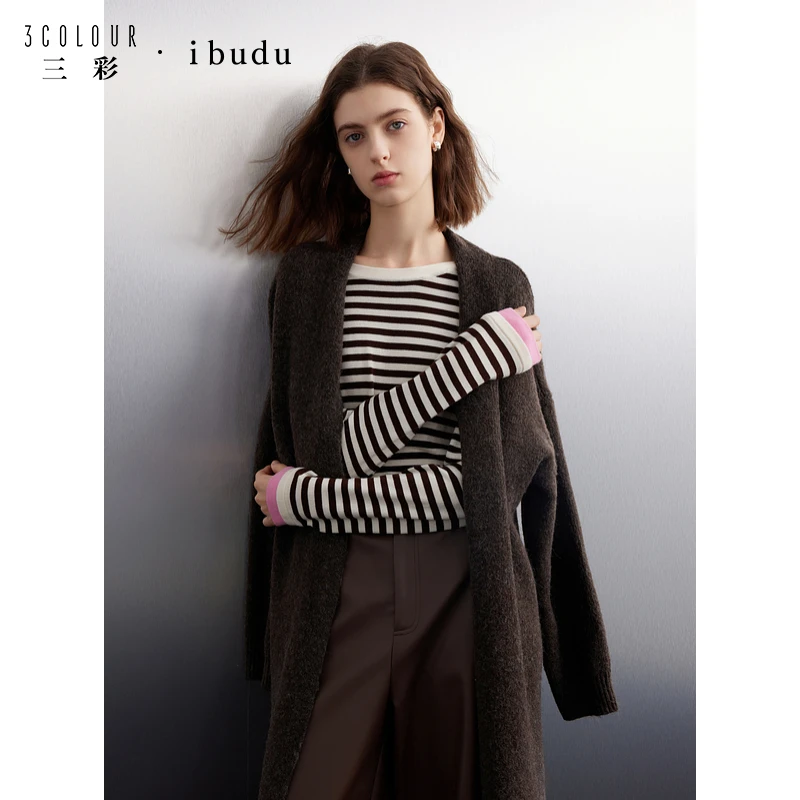 三彩ibudu2024冬季新款条纹针织衫圆领撞色拼接毛衫套头休闲女