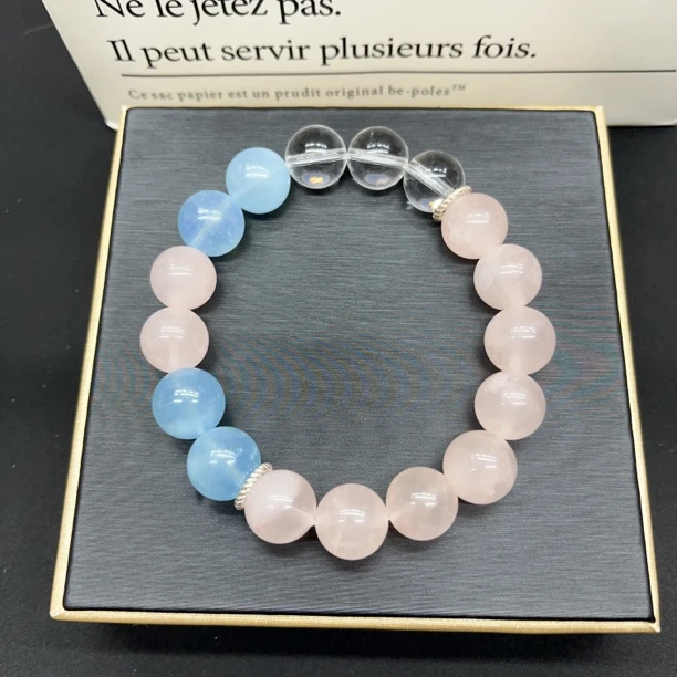 [原创手作]天然海蓝宝 粉水晶单圈手链 白水晶女款手串