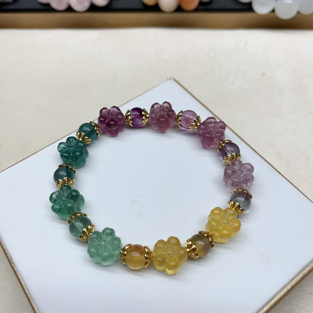 原创手作 天然彩萤石手工雕刻花型手串 彩色时尚清新款手链