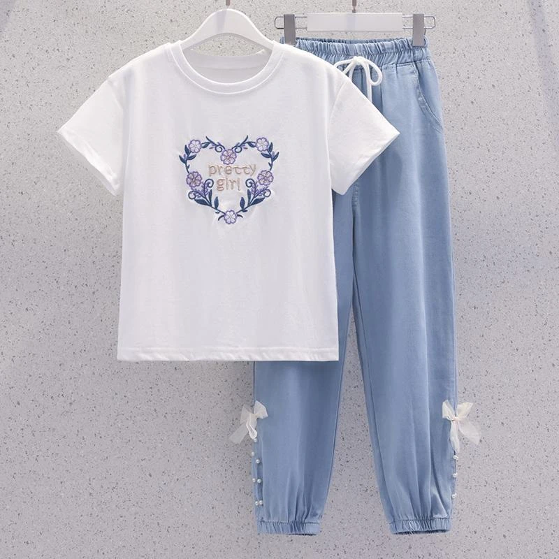 女童女孩夏季套装2024新款九分裤夏款牛仔裤子中大童休闲两件套