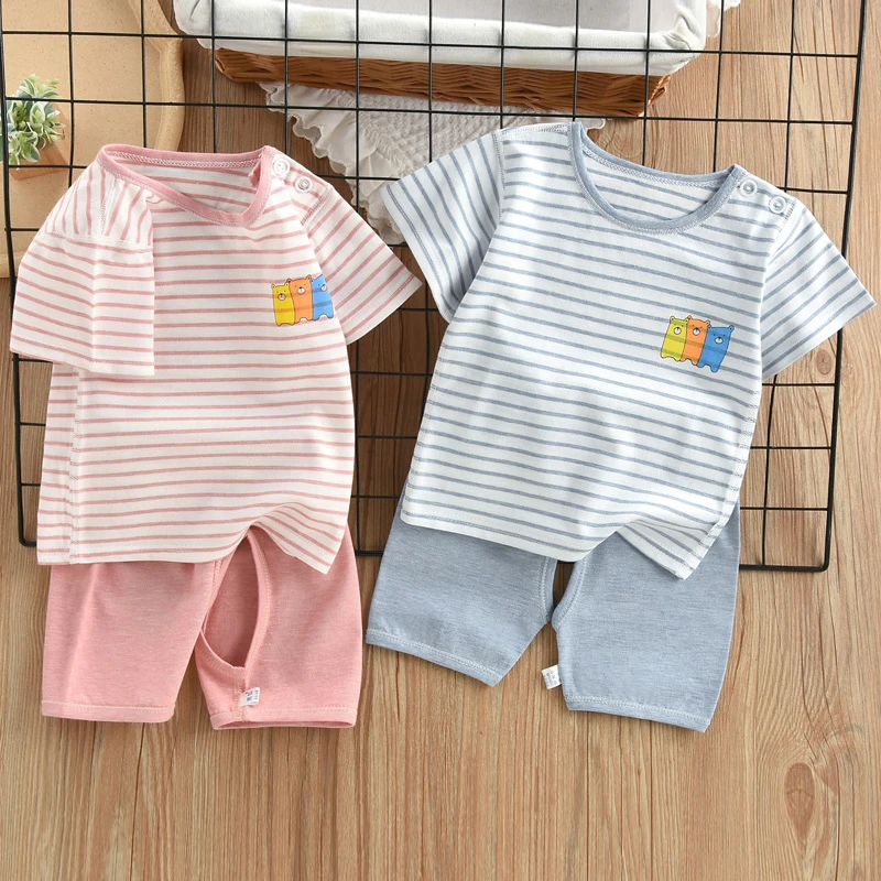 宝宝纯棉短袖短裤小童夏季男女婴儿童薄款开裆五分裤肩扣T恤套装