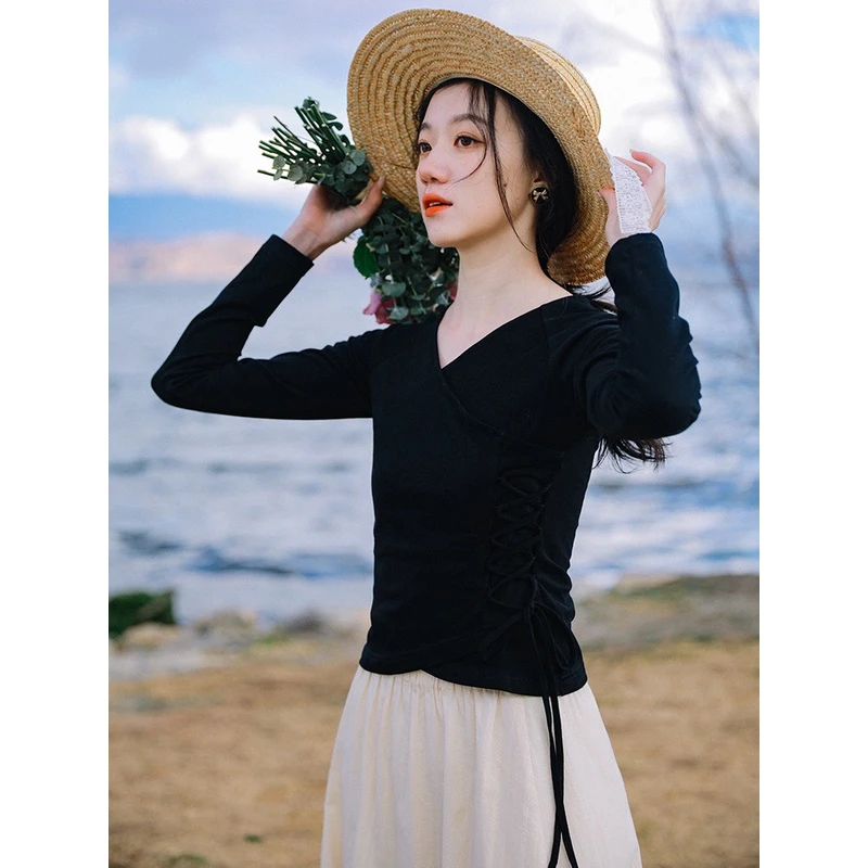 【微笑向暖】显瘦收腰打底女秋季新款性感甜美风上衣 tx221077