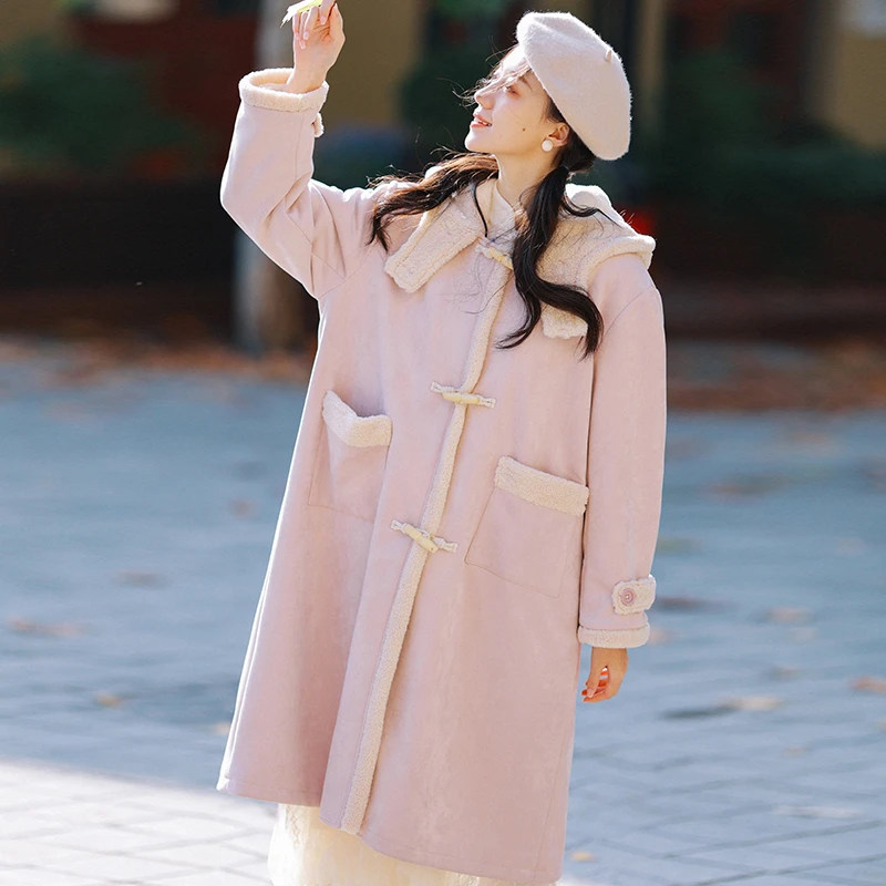 【微笑向暖】几个黄昏 连帽拼接加绒保暖中长款外套棉衣 mf224574